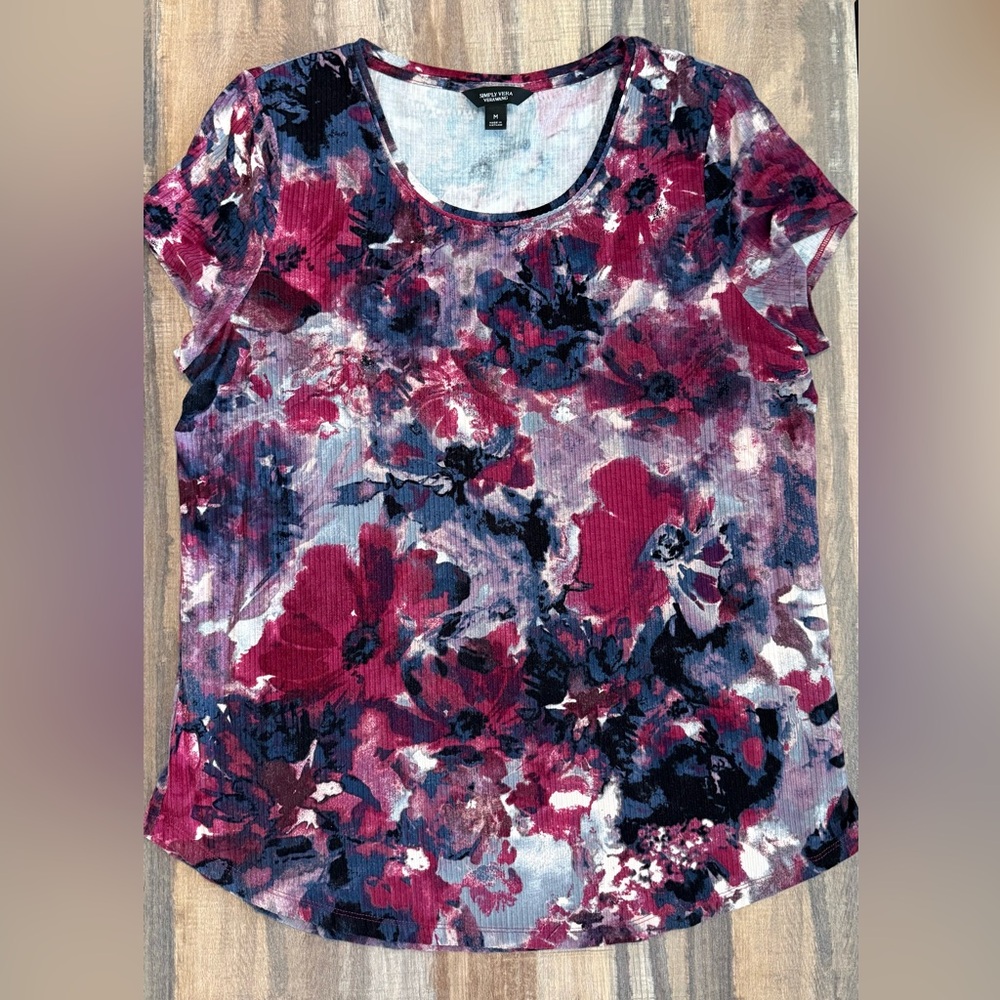 Simply Vera Vera Wang Floral Ribbed Short-Sleeve Tee in Berry Multi